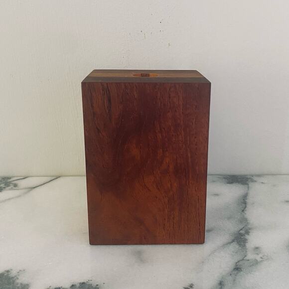 Vintage MCM Teak Birch Walnut Bud Vase Rectangle Pen Holder Handmade Wood Inlay - Picture 5 of 9